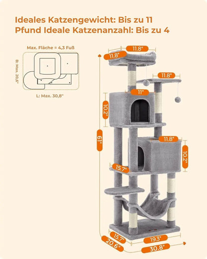 Kratzbaum Feandrea 154 cm -Kletterturm aus Plüsch mit 5 Kratzstangen, 2 Plattformen.