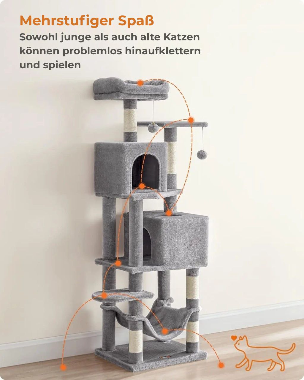 Kratzbaum Feandrea 154 cm -Kletterturm aus Plüsch mit 5 Kratzstangen, 2 Plattformen.