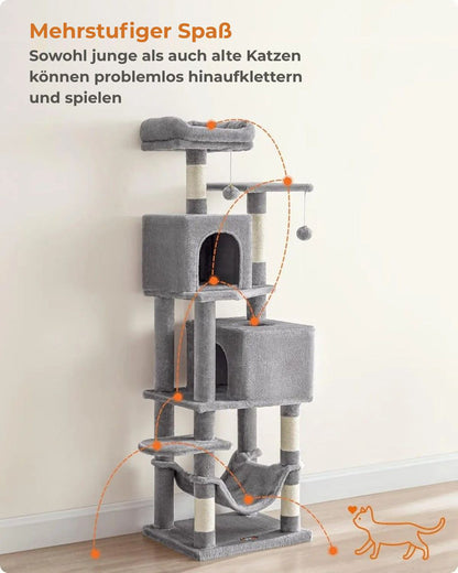 Kratzbaum Feandrea 154 cm -Kletterturm aus Plüsch mit 5 Kratzstangen, 2 Plattformen.