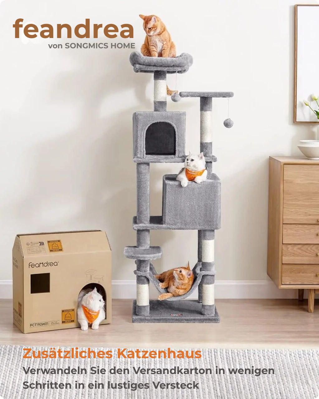 Kratzbaum Feandrea 154 cm -Kletterturm aus Plüsch mit 5 Kratzstangen, 2 Plattformen.