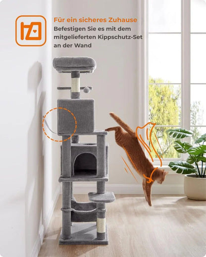 Kratzbaum Feandrea 154 cm -Kletterturm aus Plüsch mit 5 Kratzstangen, 2 Plattformen.