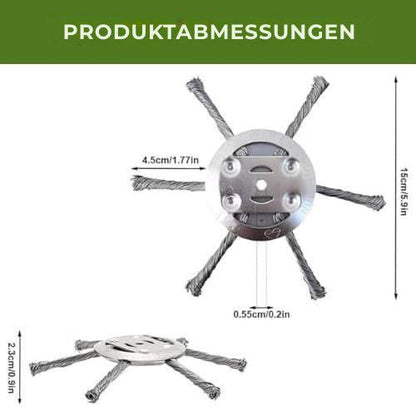 Der Rasenmäherkopf hat 6 mit widerstandsfähigem Stahldraht verflochtene Zinken.