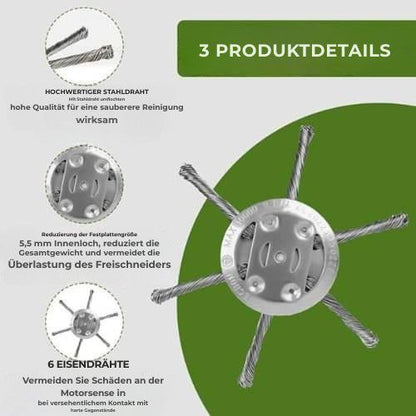 Der Rasenmäherkopf hat 6 mit widerstandsfähigem Stahldraht verflochtene Zinken.