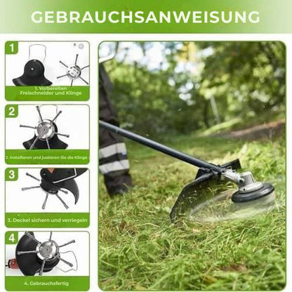 Der Rasenmäherkopf hat 6 mit widerstandsfähigem Stahldraht verflochtene Zinken.