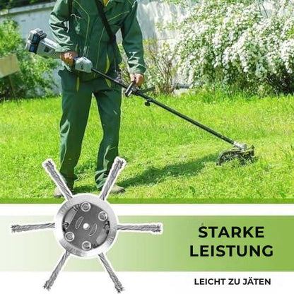 Der Rasenmäherkopf hat 6 mit widerstandsfähigem Stahldraht verflochtene Zinken.