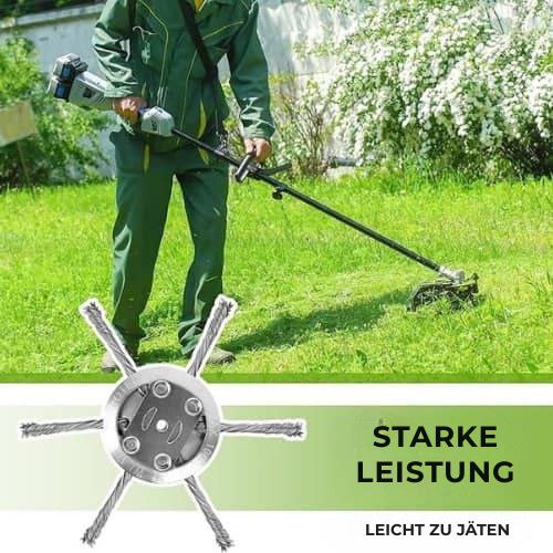 Der Rasenmäherkopf hat 6 mit widerstandsfähigem Stahldraht verflochtene Zinken.