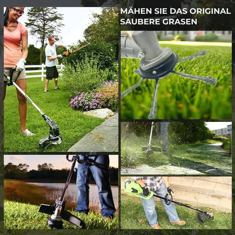 Der Rasenmäherkopf hat 6 mit widerstandsfähigem Stahldraht verflochtene Zinken.