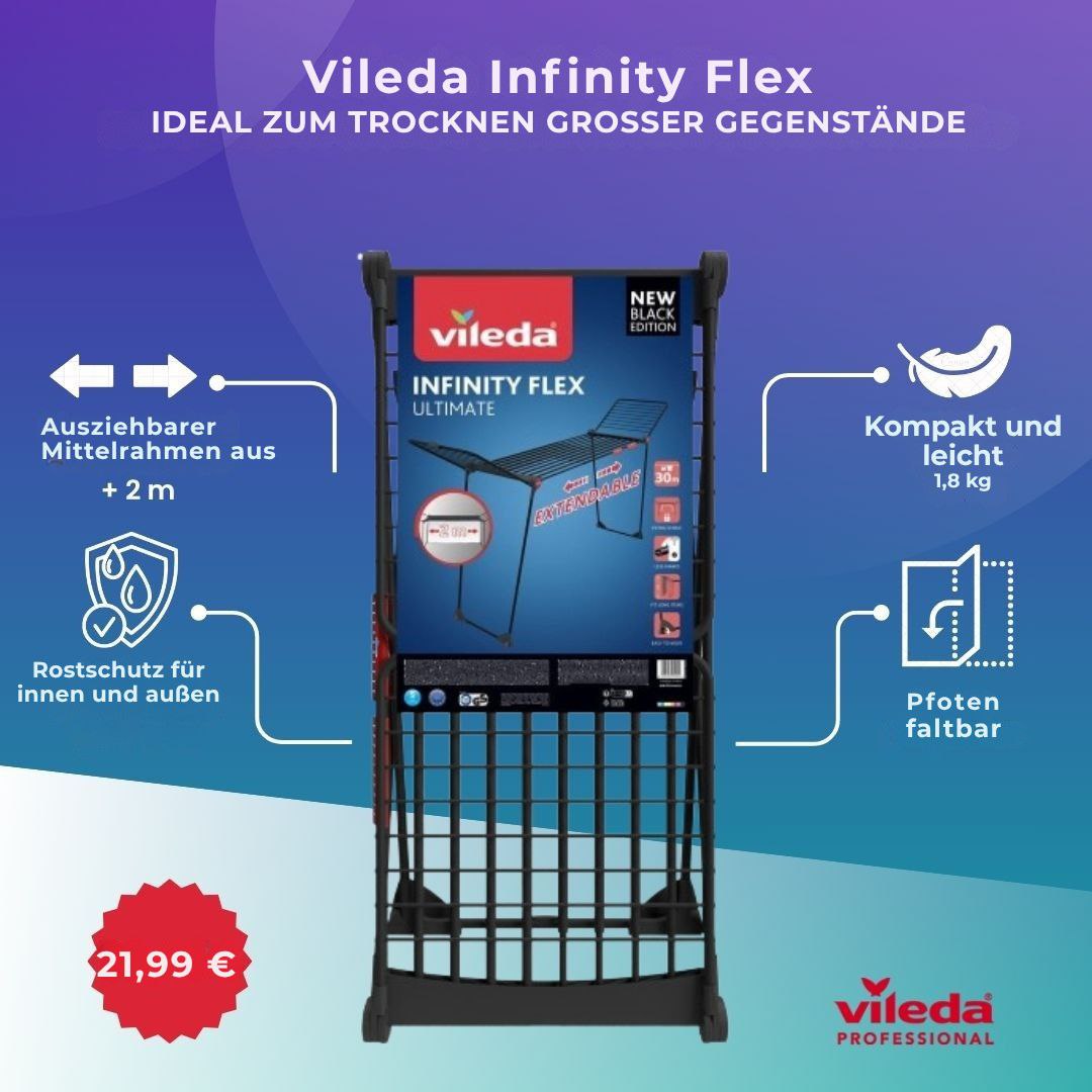 Vileda Infinity Flex® Wäscheständer für den Innenbereich, XXL-Leinen über 2 Meter, Stabil und Robust, Praktischer Transport